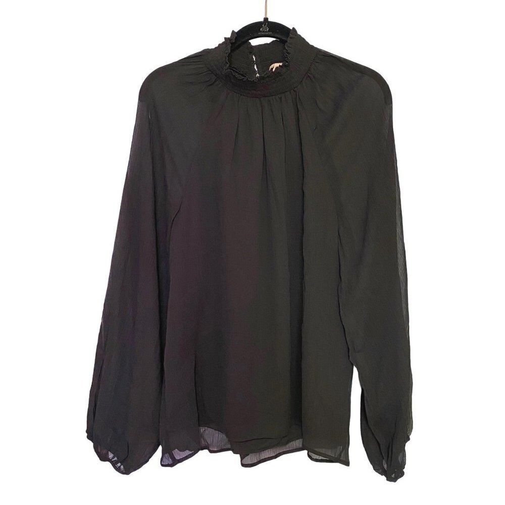 Joie Black Sheer 2 Layer Smocked Turtleneck Long Sleeve Blouse Womens Size Large